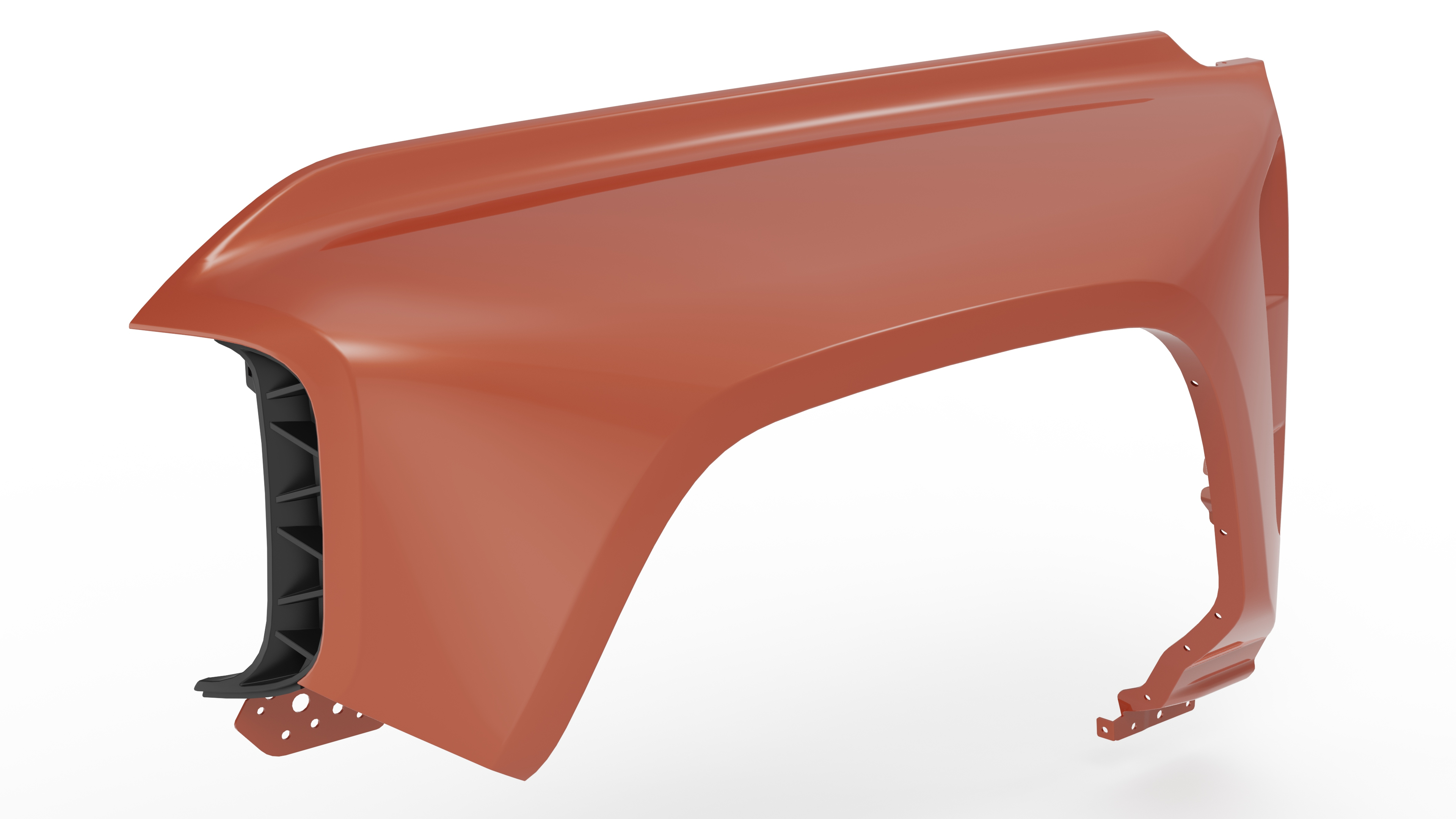 Red automotive front fender panel with black inner structure isolated on white background.