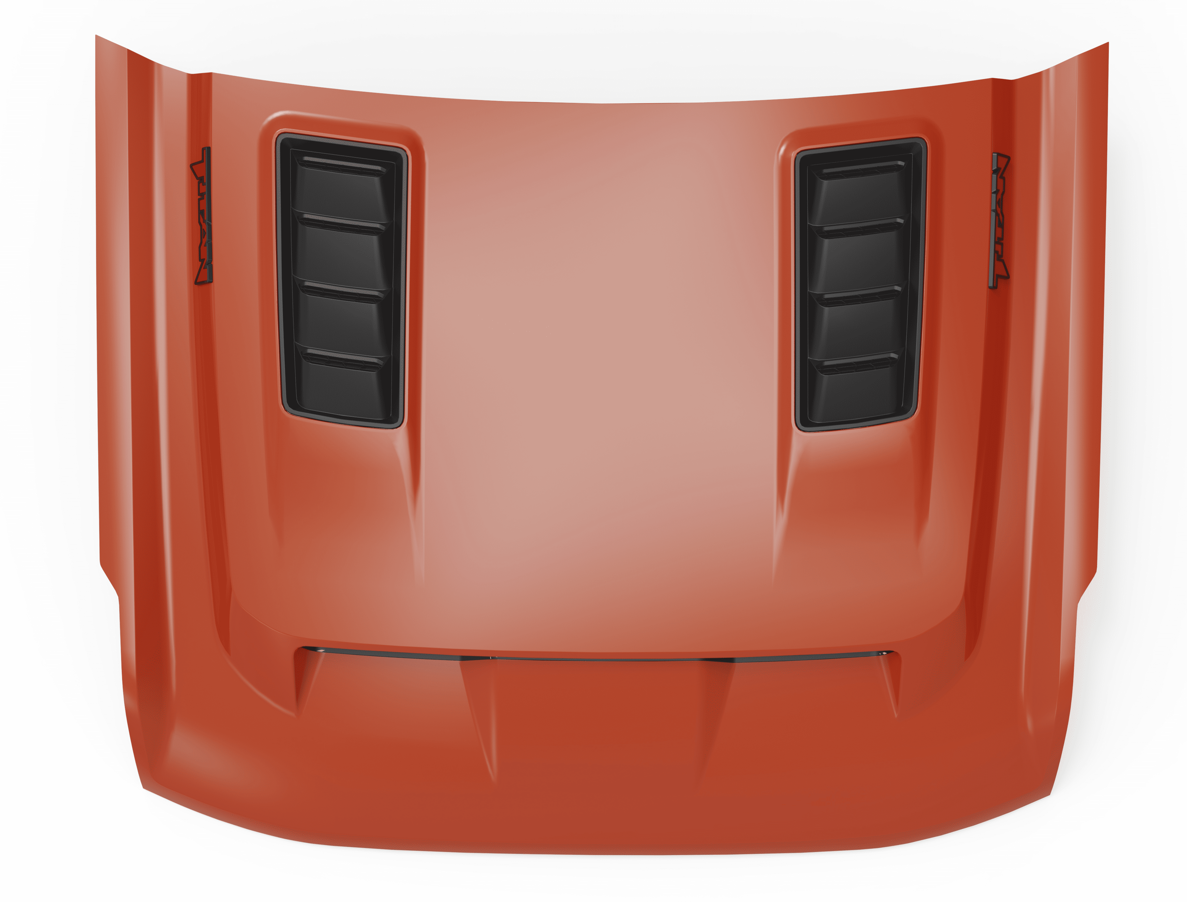 Orange car hood with black vent grilles and 'TITAN' emblems on each side.