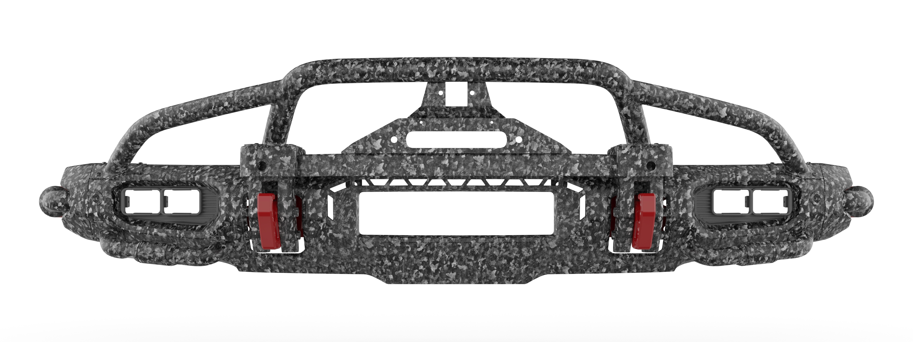 Front view of a textured black bull bar with red tow hooks and dual light openings on each side.